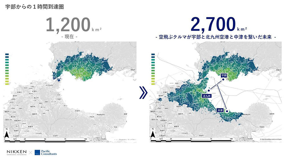 Figure: Changes in the 1-hour reach range from Ube (present and future where flying cars connect Ube, Kitakyushu Airport, and Nakatsu)