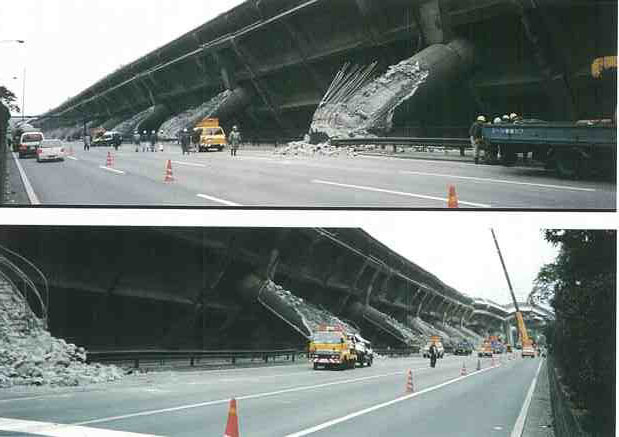 Collapse of Hanshin Expressway Route 3 Kobe Line near Fukae